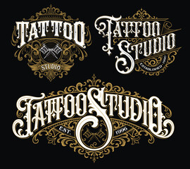 Vintage tattoo lettering logo set. Highly detailed tattoo emblems, logo, badges and t-shirt graphics. - 359299089
