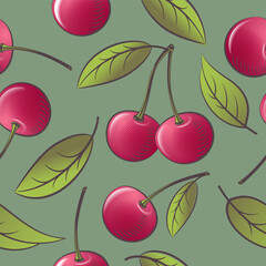 Seamless pattern with red ripe cherry and leaves on green background. Illustration can use for packaging, textile, fabric, wrapping paper or posters. Engraving and halftone style