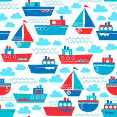 Seamless vector pattern with ships in childish style.