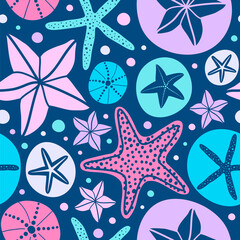 Seamless vector pattern with starfish on a dark background.