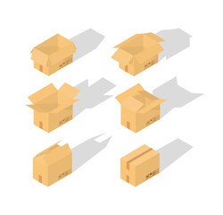 Fototapeta premium Set of closed and open cardboard boxes isometric on white background with fragile signs . Transportation, shipping. Cardboard box mockup. Vector illustration.