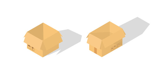 Fototapeta premium Carton delivery packaging closed box with fragile signs. Cardboard box. Isometry. Transportation, shipping. Vector illustration.