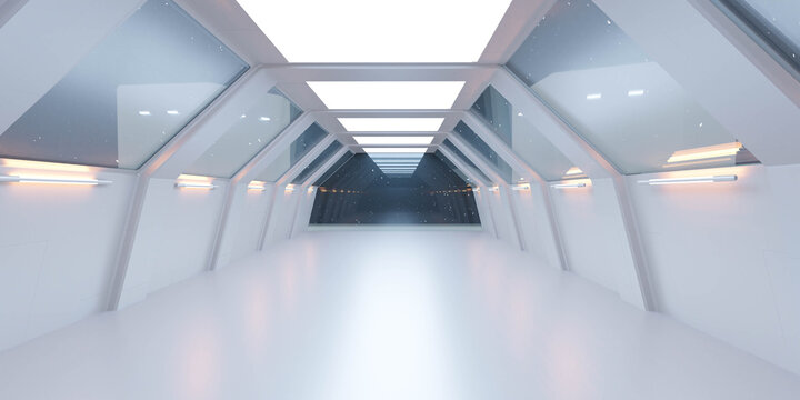 space ship corridor with white futuristic design and reflections 3d rendering illustration