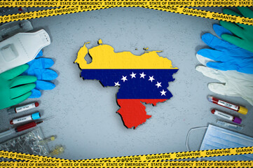 Extraordinary measures under Venezuela quarantine and coronavirus. Venezuela flag and map on...