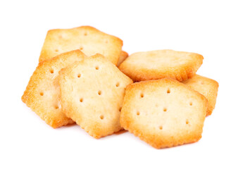 Cracker isolated on white background. Dry cracker cookies isolated. Salty snacks isolated. Top view.