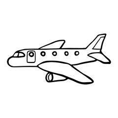 Airplane icon. Side view. Black contour silhouette. Hand drawn vector flat graphic illustration. Isolated object on a white background. Isolate.
