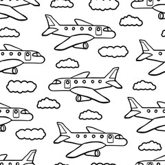 Black outline airplanes and clouds isolated on white background. Cute childish seamless pattern. Hand drawn vector flat graphic illustration. Texture.