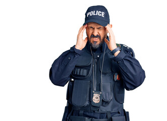 Young handsome man wearing police uniform with hand on head, headache because stress. suffering migraine.