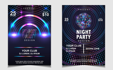 Night dance party music poster flyer layout design template background with neon light and dynamic style. Colorful electro style vector for concert disco, club party, event invitation, cover festival - obrazy, fototapety, plakaty