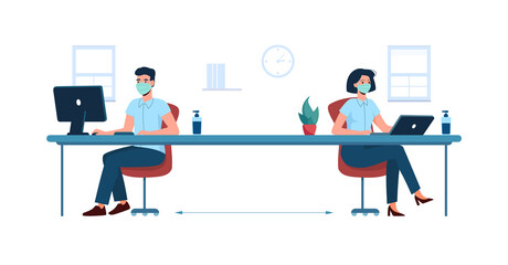 Social distance in the office. New safe work standards. Man and woman workers, sitting and working at a distance from each other, in medical masks . Vector isolated, flat, new business requirements.