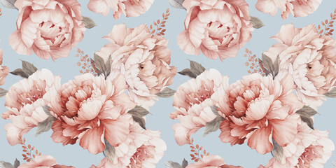 Motif floral harmonieux de fleurs de pivoine sur fond d& 39 été, aquarelle. Conception de modèles pour textiles, intérieur, vêtements, papier peint. Art botanique