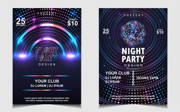 Night Dance Party Music Poster Flyer Layout Design Template Background With Neon Light And Dynamic Style. Colorful Electro Style Vector For Concert Disco, Club Party, Event Invitation, Cover Festival