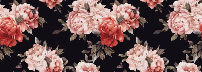 Photo sur Plexiglas Roses Motif floral sans couture avec des fleurs de pivoine sur fond d& 39 été, aquarelle. Conception de modèles pour les textiles, l& 39 intérieur, les vêtements, le papier peint. Art botanique
