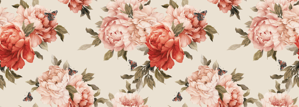 Seamless floral pattern with peony flowers on summer background, watercolor. Template design for textiles, interior, clothes, wallpaper. Botanical art