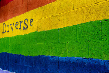 Wall with the colors of the LGBT flag and the word diverse written on it.