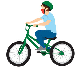 White boy riding bicycle wearing protective face mask COVID-19
