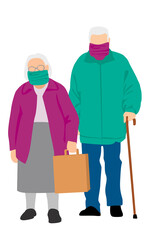 Elderly couple walking to store wearing protective face masks COVID-19