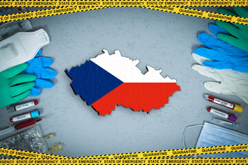 Extraordinary measures to quarantine and Czech Republic coronavirus. Flag and map on vacutainer...