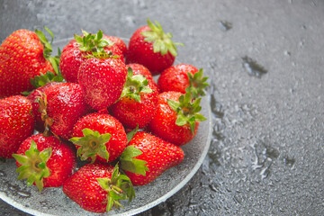 Close up picture of strawberries on plate and black background with water drops.Flat lay composition with red summer berries on left side and copy space for text on the right.
