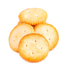Cracker isolated on white background. Dry cracker cookies isolated. Salty snacks isolated. Top view.
