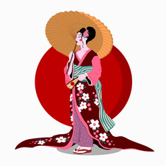 Woman in kimono with umbrella. Color vector flat cartoon illustration.