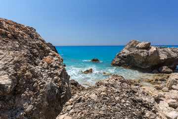 blue waters and rocks of Megali Petra Beach, Lefkada, Greece