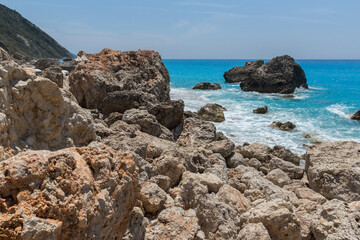 blue waters and rocks of Megali Petra Beach, Lefkada, Greece