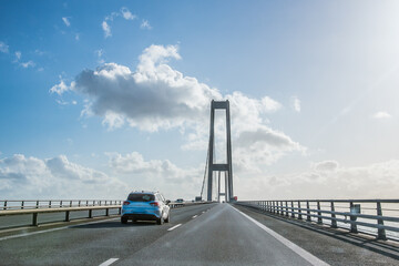 Cars on the suspension bridge over the great belt in Denmark