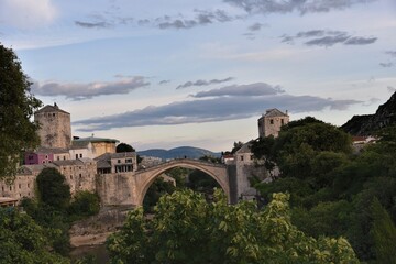 Mostar / Bosnia and Herzegovina - 06 June 2020: Old bridge in place Mostar. Most famous touristic...