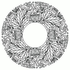 wreath with floral ornaments drawn folk style on a white background, vector for coloring