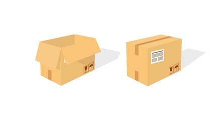 Isometry. Set of closed and open cardboard boxes on white background with fragile signs. Transportation, shipping. Cardboard box mockup. Vector illustration.
