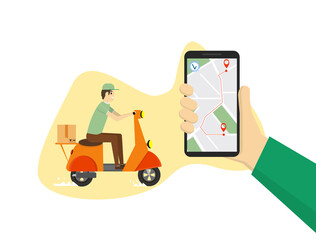 Hand holding mobile smart phone with app delivery tracking. Order delivered message. Delivery, the guy on the moped. Service, Order, Worldwide Shipping, Fast and Free Transport. Vector illustration