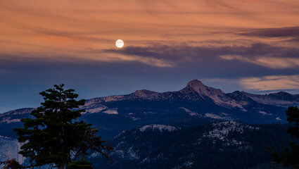 Twilight Moonrise on the Mountains, Yosemite National Park, California