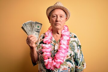 Obraz premium Grey haired senior man wearing summer hat and hawaiian lei holding bunch of dollars with a confident expression on smart face thinking serious