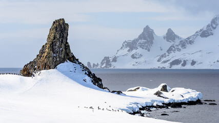 Rocks of the Half Moon Island, an Antarctic island, the South Shetland Islands of the Antarctic Peninsula region.