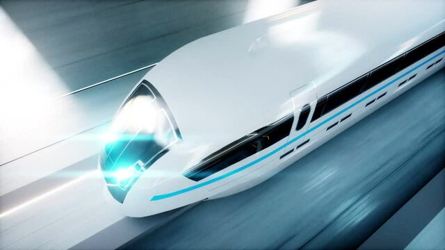 futuristic modern train, monorail fast driving in sci fi tunnel, coridor. Concept of future. Realistic 4k animation. Loopable.
