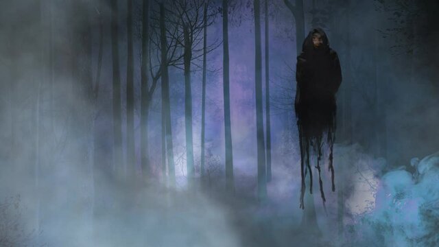 Dark Figure Floating in Haunted Forest 4K Loop features a dark figure floating with a changing face in a forest with mist blowing by in a loop
