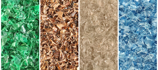 Four types of chopped plastic bottles photo collage – green, brown, transparent and blue....