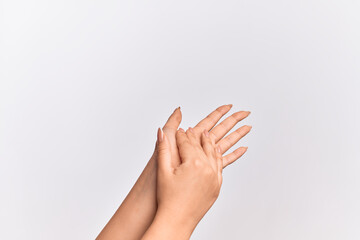 Hand of caucasian young woman touching palms gentle, delicate beauty pose