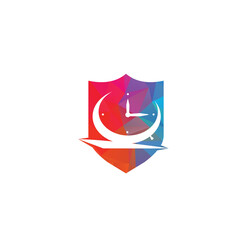 Obraz premium Time clock in shield shape logo design template. Table alarm clock vector design.