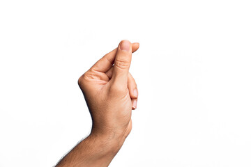Hand of caucasian young man showing fingers over isolated white background holding blank space with...