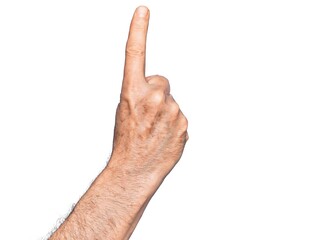 Hand of caucasian middle age man over isolated white background counting number one using index...