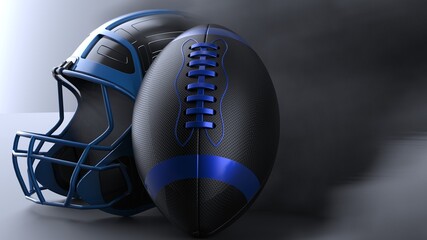 American football Blue-Black helmet and Blue-Black Ball with dark black toned foggy smoke under black-white laser lighting. 3D illustration. 3D high quality rendering.