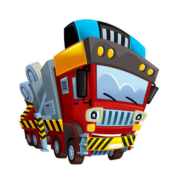 recommend clip art: cartoon scene with fireman tow truck car on white background - illustration