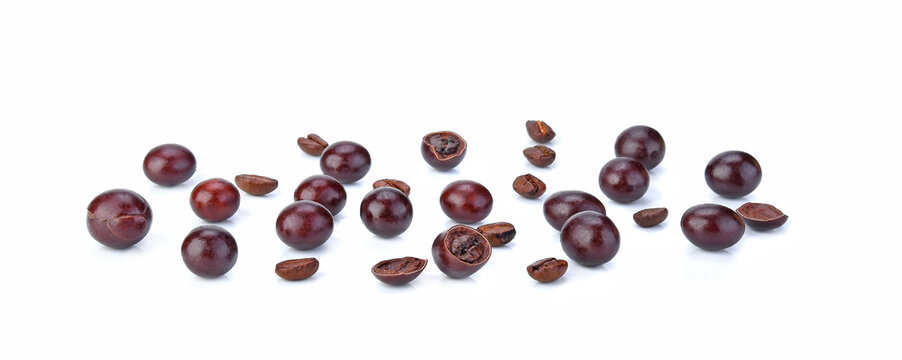chocolate covered coffee beans on white background