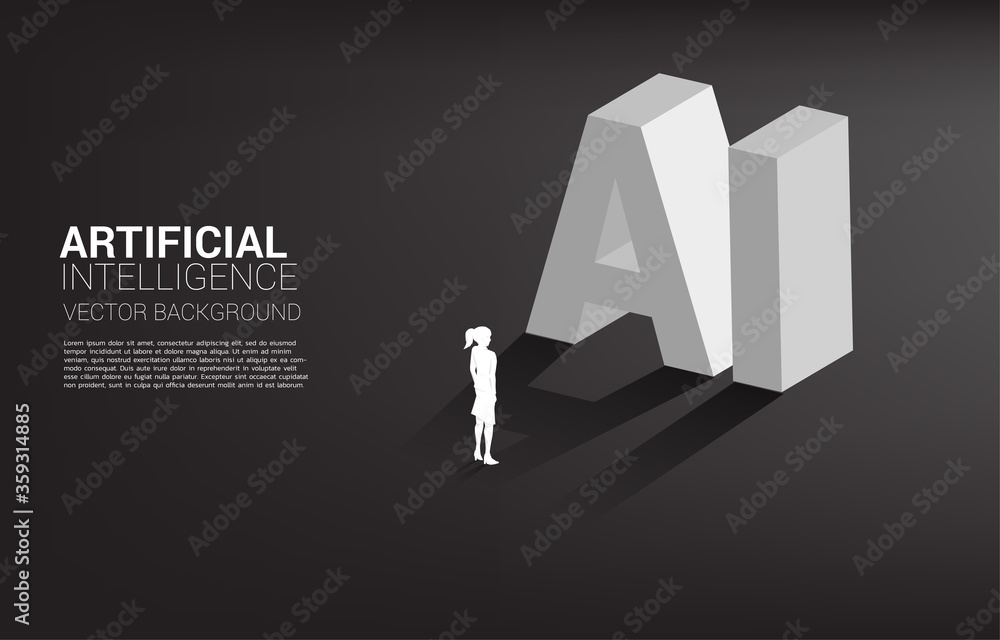 Poster Silhouette of businesswoman standing with AI text 3D. Business concept for machine learning and a.i artificial intelligence