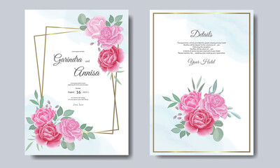 Wedding invitation card template set with beautiful floral leaves Premium Vector