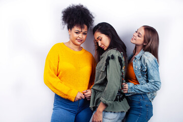 Obraz premium diverse nation girls group, teenage friends company cheerful having fun, happy smiling, cute posing isolated on white background, lifestyle people concept