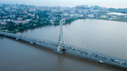 Aerial view of Ikoyi link bridge with traffic in Lagos Nigeria 