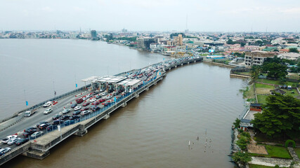 Aerial view of busy traffic on Ikoyi link bridge Lagos Nigeria 